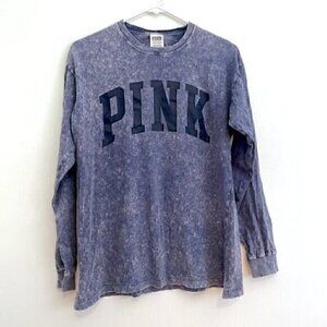 VS PINK VICTORIA'S SECRET Blue Acid Wash Spellout PINK Long Sleeve Graphic Tee